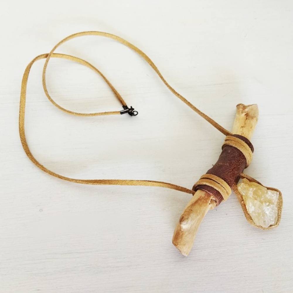 Driftwood Kolye Doğal Ağaç & Kuvars & Deri Kolye K2493