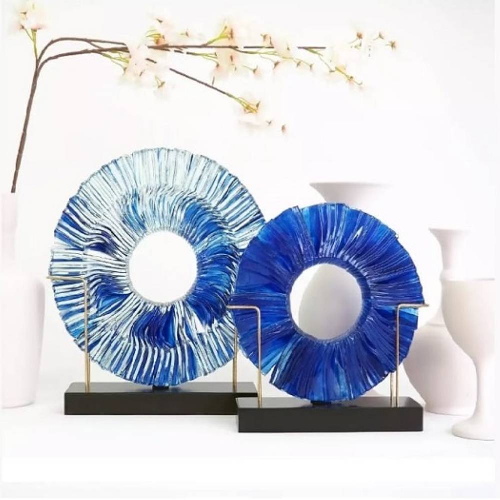 Dekoratif Füzyon Cam Disk Takımı Mavi Geçişli 22&27cm K2469