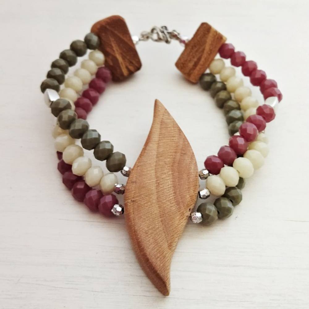 Doğal Ağaç Cam Boncuklu Bileklik K2707